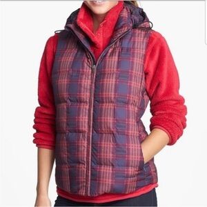 Patagonia goose down puffer vest hooded navy plaid down with it women’s small